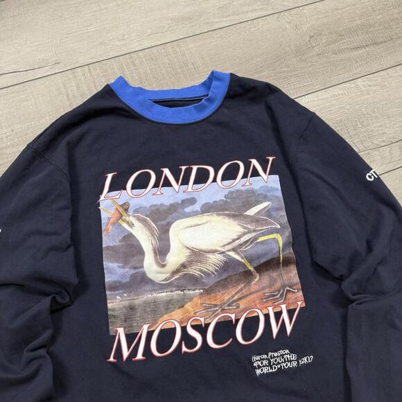 Heron Preston World Tour Long Sleeve Shirt Mens XL Navy Blue Graphic Italy Made - Picture 5 of 10